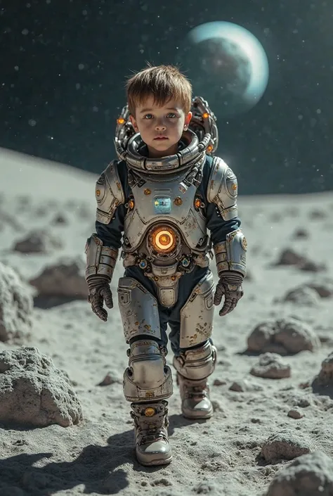 A boy dressed as a robot on the moon