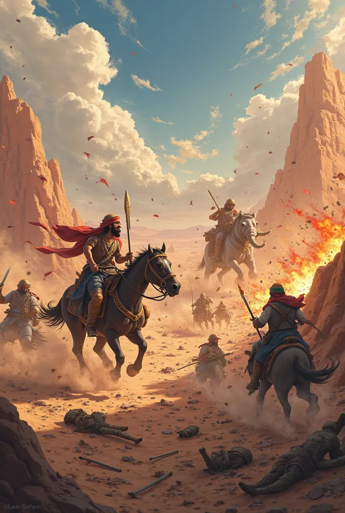 Make a youtube thumbnail where two groups are fighting in war with lots of people that took place in desert  in old arab era, wearing old arab outfit,riding on horse and elephant,flame is rising, many are dead, massive destruction  give it a anime spice