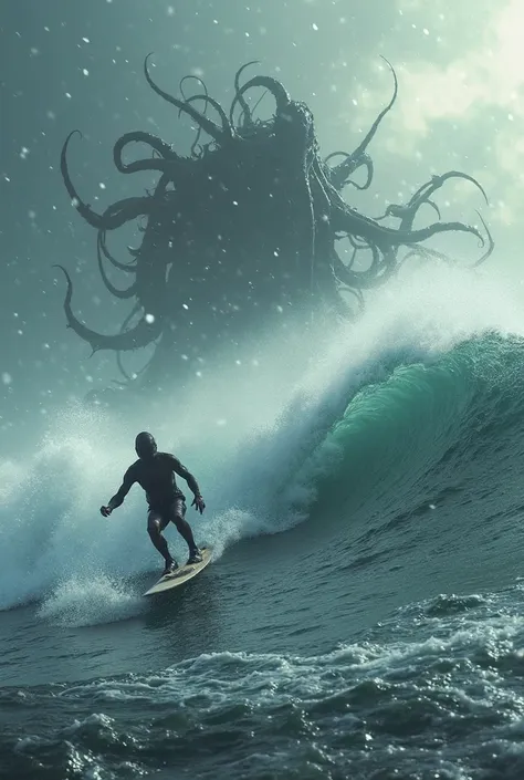 a person surfing in a huge ocean, being chased with Chutulu