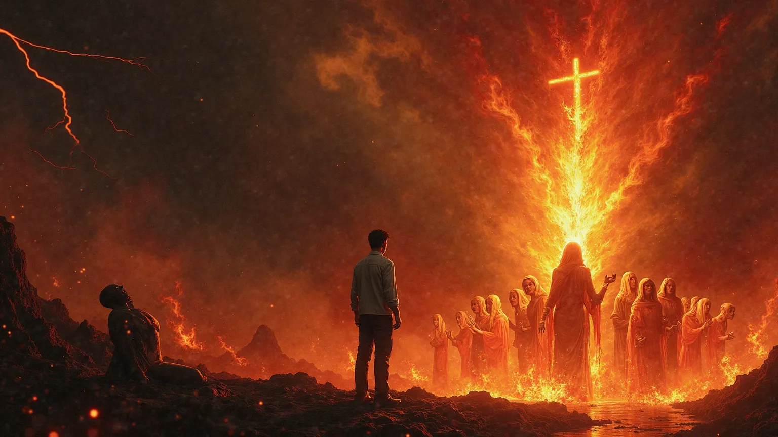 "A dark and surreal vision of judgment, where a man stands at the edge of a fiery abyss, overwhelmed by what he sees. Towering flames consume the tormented souls of people he once knew—Christians who prayed, attended church, and appeared devout but carried...