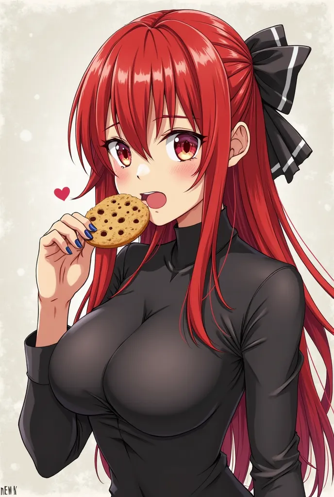 anime girl with red hair and black top eating a cookie, an anime drawing by Kentaro Miura, pixiv, shin hanga, seductive anime girl, about to consume you, attractive anime girl, thicc, anime girl drinks energy drink, oppai, biomechanical oppai, (anime girl)...