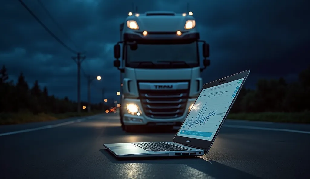 At night on the road, a Panasonic laptop is open on the hood of a DAF truck, displaying diagnostic data. The truck's headlights illuminate the dark surroundings, creating an atmosphere of real-world working conditions.