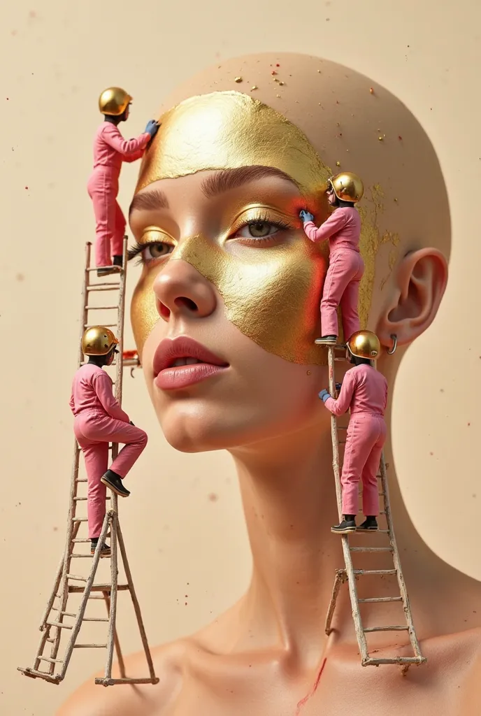 A hyperrealistic photograph of four tiny people, no taller than a grain of rice, dressed in pink jumpsuits and gold helmets, perched precariously on small ladders, meticulously sketching the face of a stunning female model, her features serene and calm, wi...