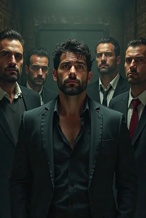 A gay teacher with short black hair and a 3-day beard is kicked together by 5 mafia bosses