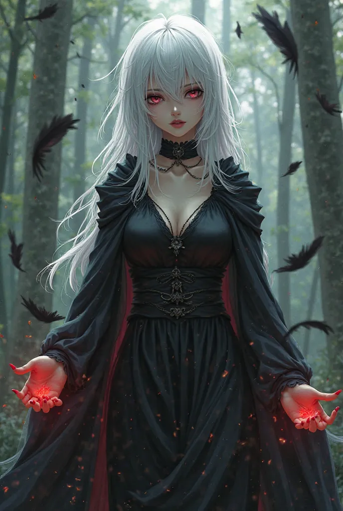 A gorgeous woman, with white dead eyes, plae complexion, and a white messy hair. She's wearing a black silk dress and a black cloak. She's standing in the middle of the forest, black feathers falling. Her hands emits black and red smoke. Semi realistic ani...