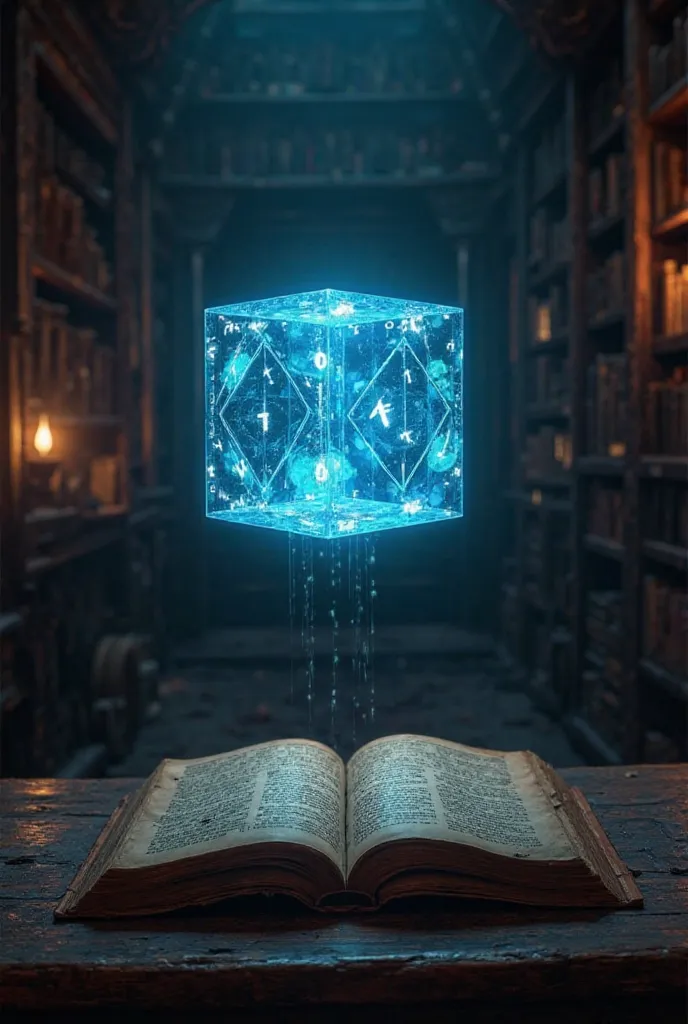 a library table with an old book opened on the table, Candle Light, a translucent blue illuminated cube floating in the background with numbers and glowing etheric codes surrounding it. sacred geometry