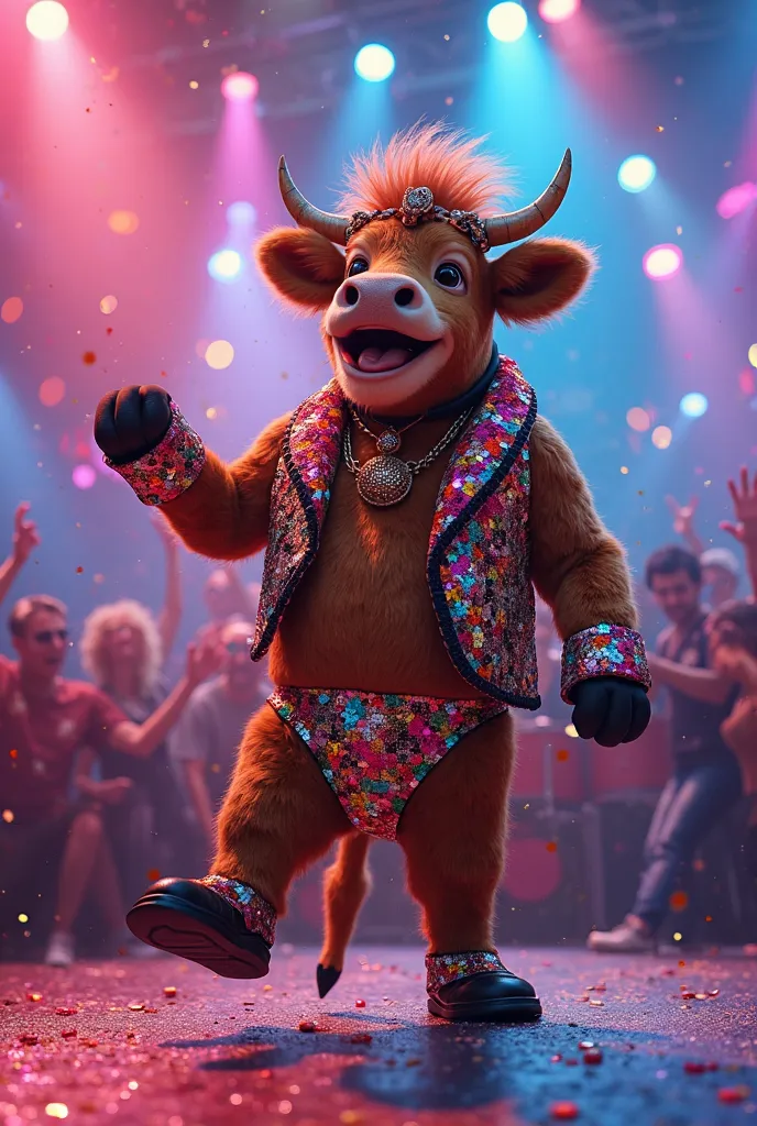 A strong  brown cow wearing disco customs and singing and dancing song in stage 