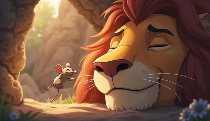 (Highest quality, masterpiece, High resolution)、4K Anime Art、Soft Light, A tiny mouse playfully jumping on the sleeping lion’s face, accidentally slipping into one of its nostrils. The lion remains asleep, but its nose twitches slightly as if sensing somet...