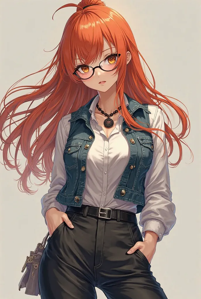 Female anime long hair orange with lenses with brown eyes flesh leather denim vest with white clothes with black pants