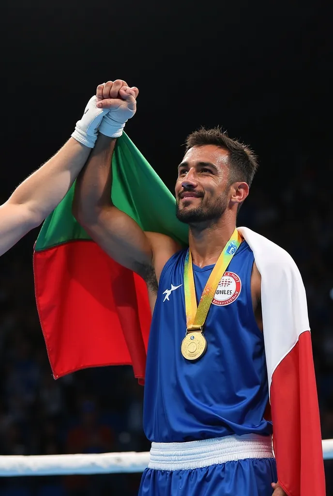 A boxer wins the Olympic gold medal after an intense final match. As the referee raises their hand, the crowd erupts in cheers. The athlete, overcome with emotion, celebrates with their team, drapes their national flag over their shoulders, and proudly rec...