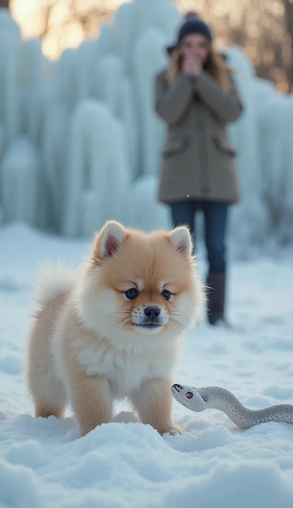 hyperrealistic. A SMALL PUPPY with fluffy fur of the Pomeranian Lulu breed is in the snow,  wearing a bandage over one of her eyes . The right front of the puppy , a SMALL WHITE snake , Are you staring intently at the puppy?, It has its body raised and wit...