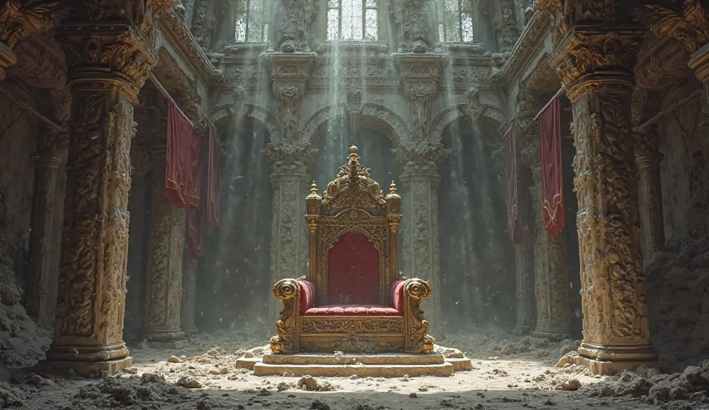 A grand throne room, dusty and forgotten, but still holding the kingdom’s royal banners.