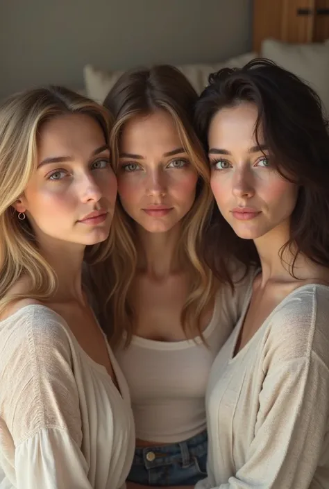 3 young women , 1 with blonde hair, 1 with brown hair and 1 with black hair, European, In the background a room with a sofa 