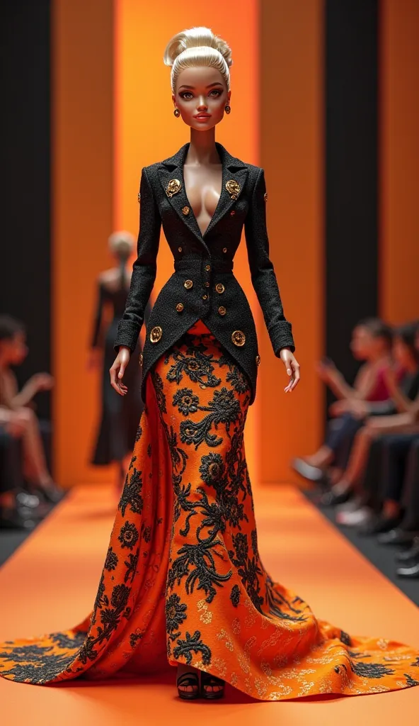 Barbie strutting down a stunning fashion runway in a black and orange blazer dress, black and orange, fancy dress, black couture, orange and black, intricate detailed dress, intricate dress, couture fashion, an intricate dress, couture couture, detailed dr...