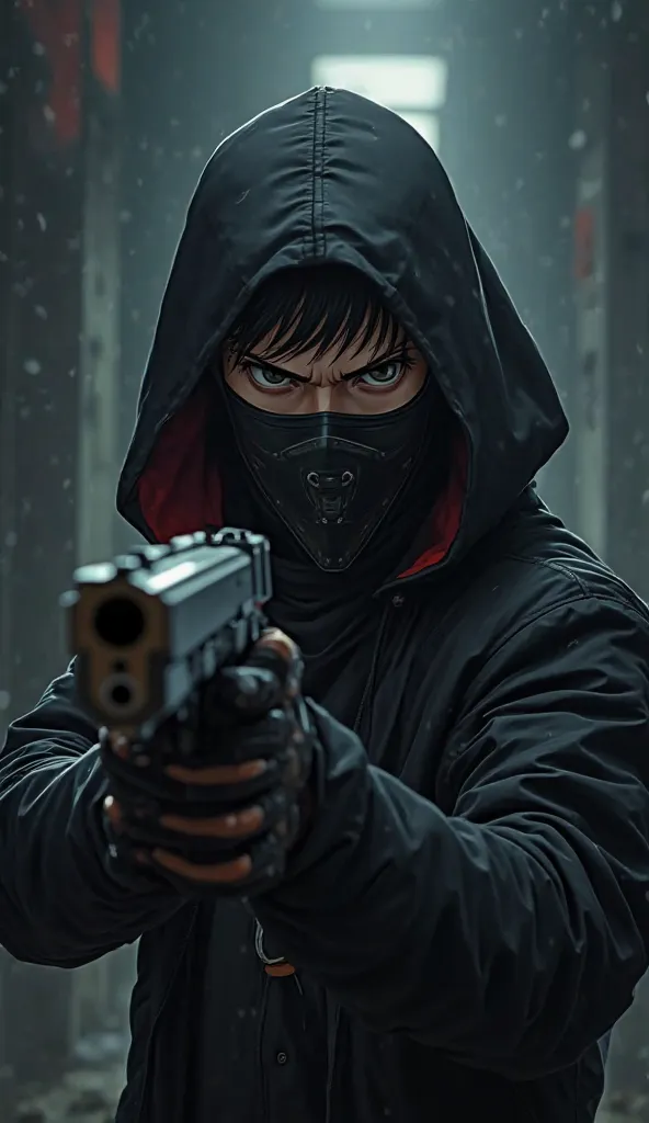 a masked anime character holding a gun in his hand