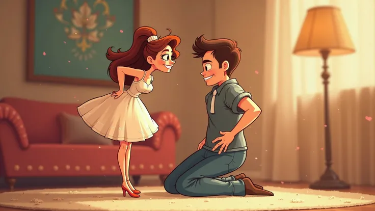 cartoon, animation. Beautiful woman in skirt standing bent over, kneeling man from behind looking at woman's butt. environment is room