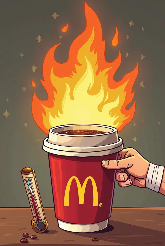 Create a cartoon poster of A McDonald’s coffee cup with flames coming out of it (showing the “too hot” issue).

A thermometer next to it reading 190°F (88°C) (actual temp of the coffee!).

A bandaged hand reaching out (symbolizing the burns).


Catchy Titl...