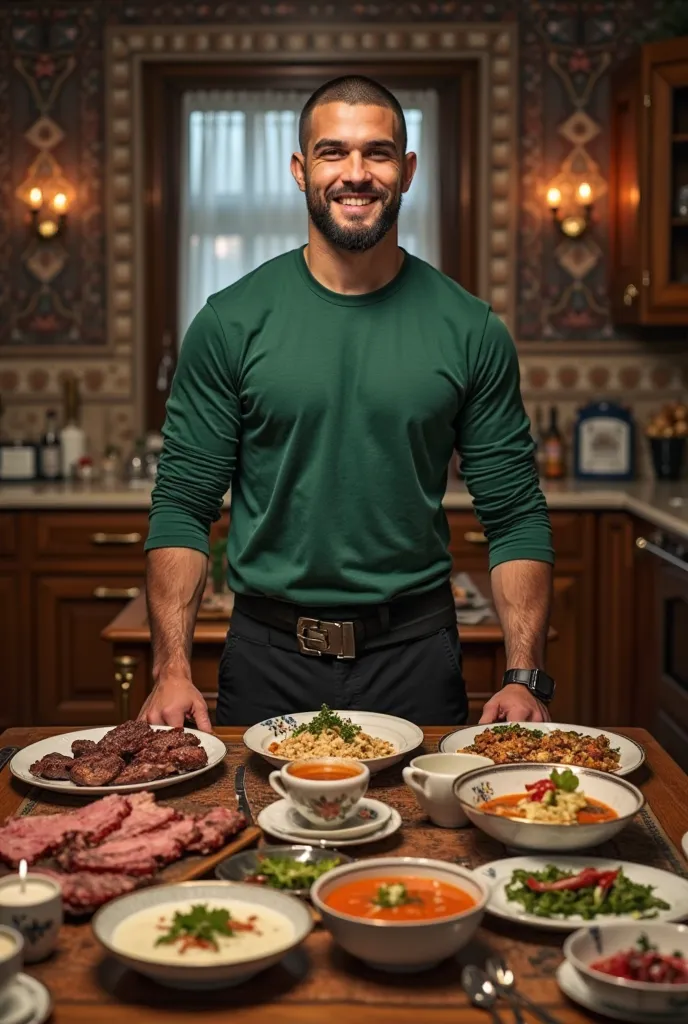 Khabib Nurmagomedov, green 3/4 long sleeve casual t-shirt, black parka pants, there was a luxurious wooden table right in front of him, there is a lot of typical Russian halal food on the table, there is tea on the table, there are many steaks on the table...