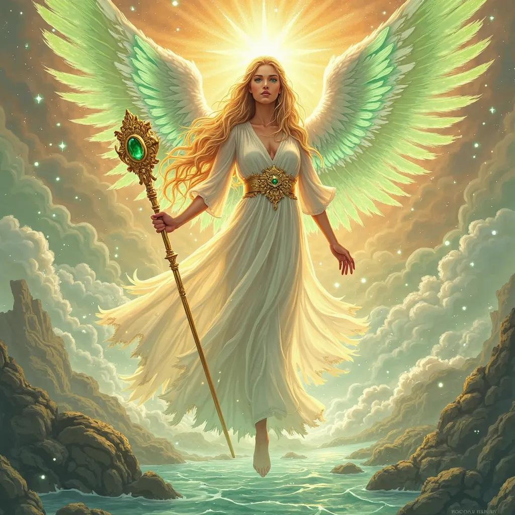 The Angel Raphael is an Archangel of healing and protection, radiating a heavenly and serene presence. He has long golden hair that shines with divine light and emerald green eyes, that reflect compassion and wisdom. Your skin glows with an ethereal glow, ...