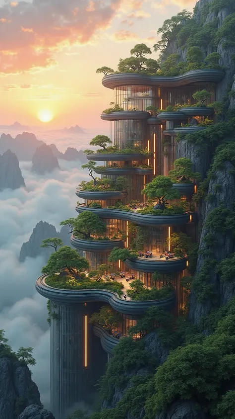 "Create a breathtaking, futuristic architectural marvel perched atop a lush, misty mountain range at sunset. The structure features multiple levels of sleek, glass-walled buildings with cascading green terraces and rooftop gardens overflowing with vibrant ...