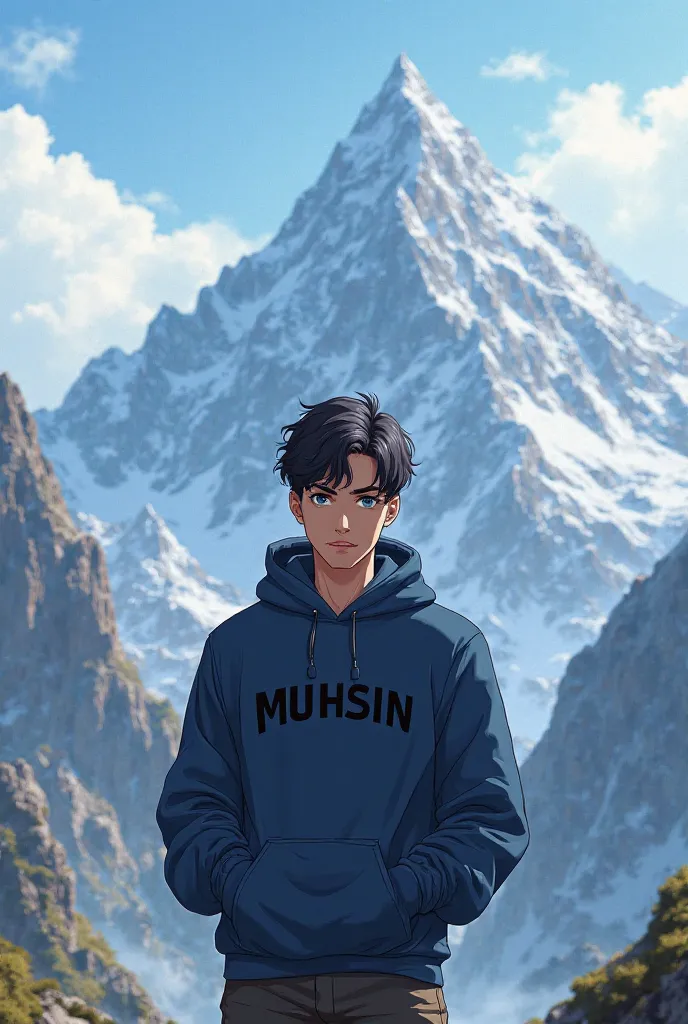 Create a anime picture  his age is 20 he have wear navy blue hoodie there is  written name on his hoodie in black foot's name is "muhsin" there is mountains in her background 