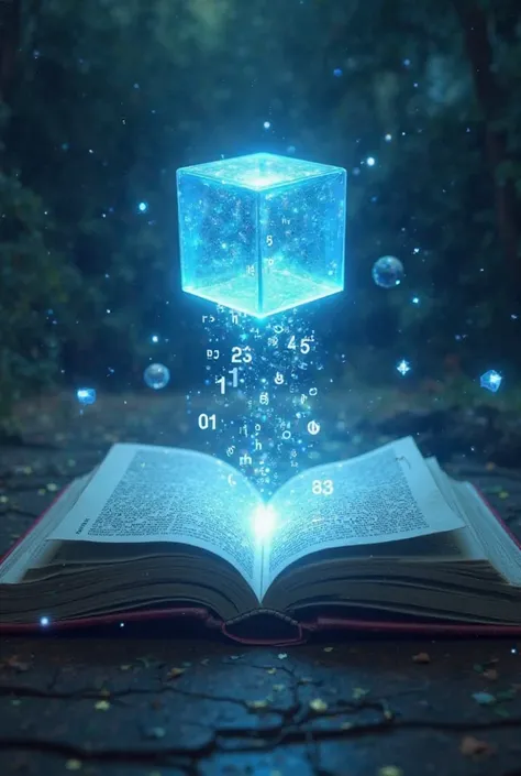  numbers and glowing etheric codes coming out of a book. a translucent blue illuminated cube floating in the background, sacred geometry. Image in the center,  Dark background, a movie scene