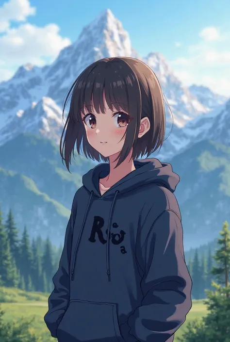 Create a anime picture  her age is 20 he have wear navy blue hoodie there is  written name on her hoodie in black foot's name is "roya" there is mountains in her background 