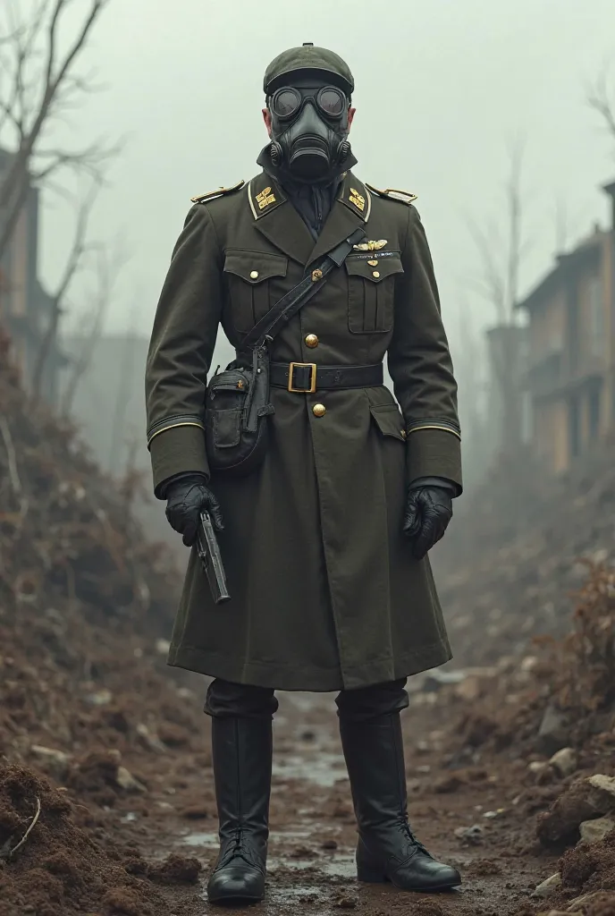 A German Wehrmacht officer of the First World War with gas mask pistol 