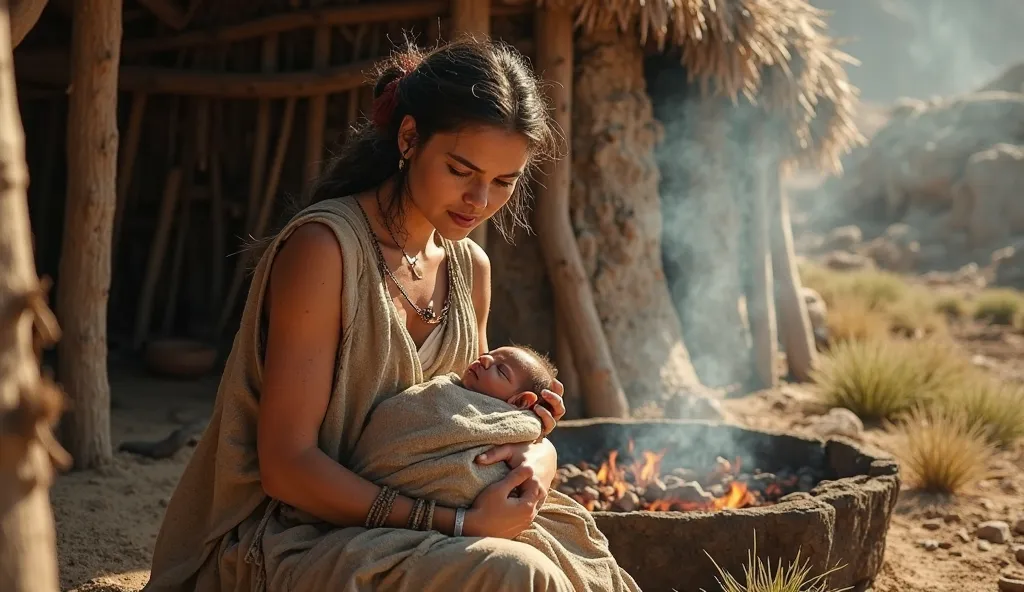 "Medium shot, post-Eden setting. A simple, rustic dwelling made of natural materials (wood, thatch, mud) provides shelter, with a smoking fire pit nearby. A young woman showing signs of hardship, wearing simple, earth-toned garments made of animal skins, c...