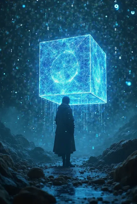 Key to Infinity - The Enigma of the Portals - numbers and glowing etheric codes around you. a translucent blue illuminated cube floating in the background, sacred geometry