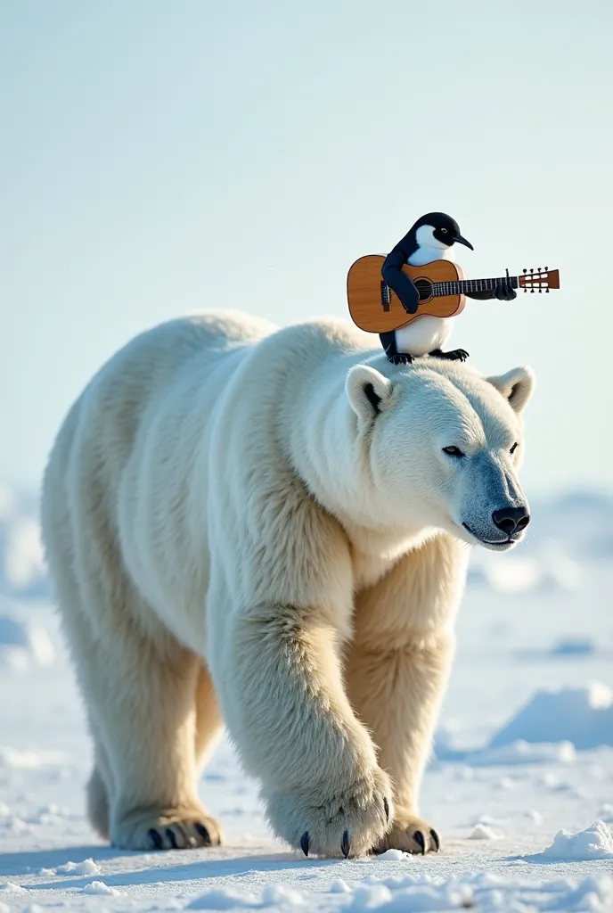 :

“A large, imposing polar bear walking on all fours through a vast, icy Arctic landscape. Its thick white fur is illuminated by the soft, cold light of the environment, with subtle details of snowflakes clinging to it. Balanced on the bear’s head, a smal...