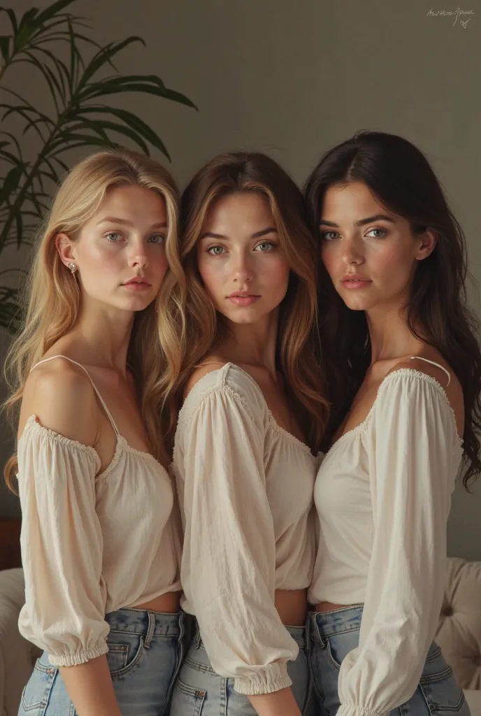 3 young women , 1 with blonde hair, 1 with brown hair and 1 with black hair, European, In the background a room with a sofa 