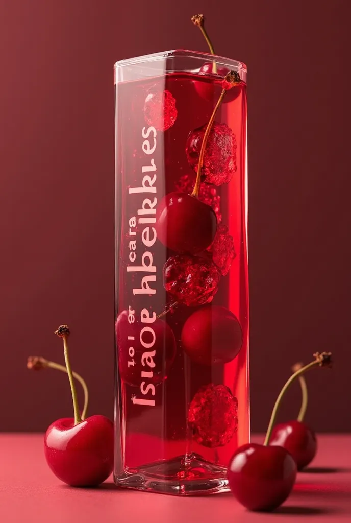 Desing for a fruity syrup from soue cherry packaged in a bar with dimensuons 16cm long and 5cm wide