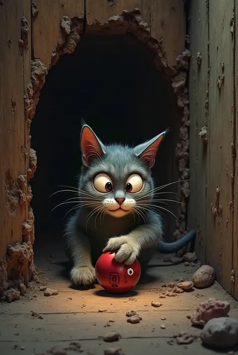 "A sly, street-smart cat with sharp eyes and a mischievous grin crouches near a rat hole in an old wooden basement. The dim lighting casts shadows on the dusty floor. The cat carefully holds a small, cartoon-style bomb with a ticking timer, its tail twitch...