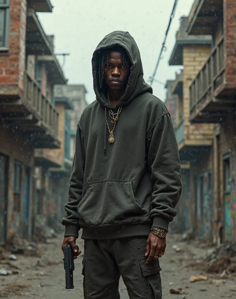 Create a image of a black gangster who is skinny and wearing a hoodie with dreadlocks and he is a ager and he is holding a pistol standing in a urban run down neighborhood in the inner city 