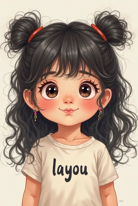 Dessin de petite fille blanche potelé , avec des couettes long cheveux bouclés noir . De grosse joue , des yeux en amandes , un petit nez rond , une bouche qui fais un bisous , des boucles oreilles , qui porte un tee shirt écrit LAYOU .