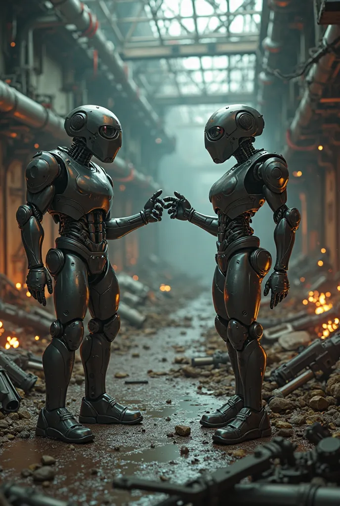 "In a tense 3D scene, J and V from Murder Drones are in the midst of a heated argument. The setting is a gritty, industrial landscape filled with broken machinery, dark corridors, and dystopian ruins, reflecting the chaotic world they inhabit. J, with thei...