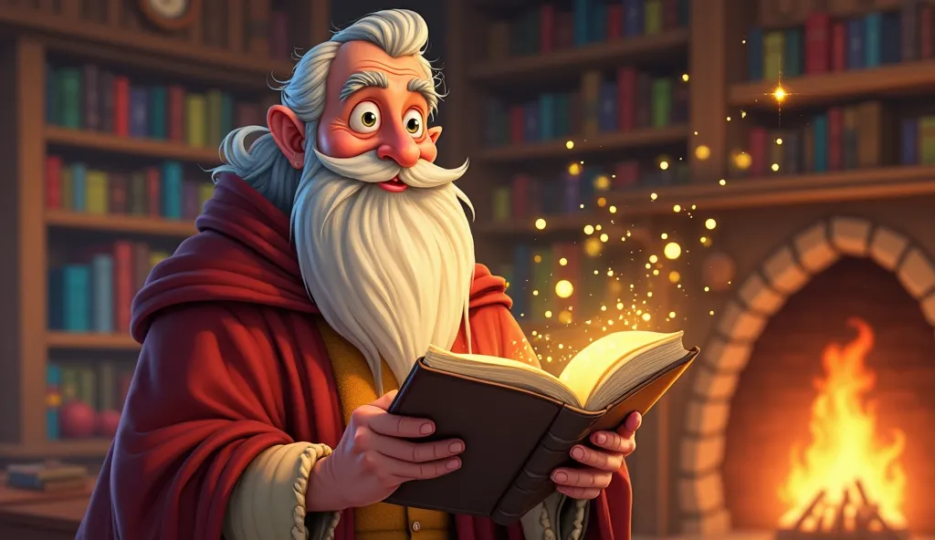 Cartoon, high quality: An elderly narrator with a long beard, wearing classic storyteller clothes, stands in a cozy library with a fireplace. He holds an open book, glowing slightly, as golden magical particles float around. The background shows wooden boo...