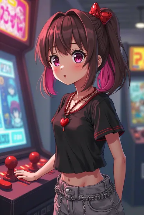 Boku no Hero Academia image of an adult tanned girl with brown and pink hair with pink and black eyes, with red heart-shaped necklace, loose gray pants with chains and black top with red details, playing on an arcade machine, distracted photo