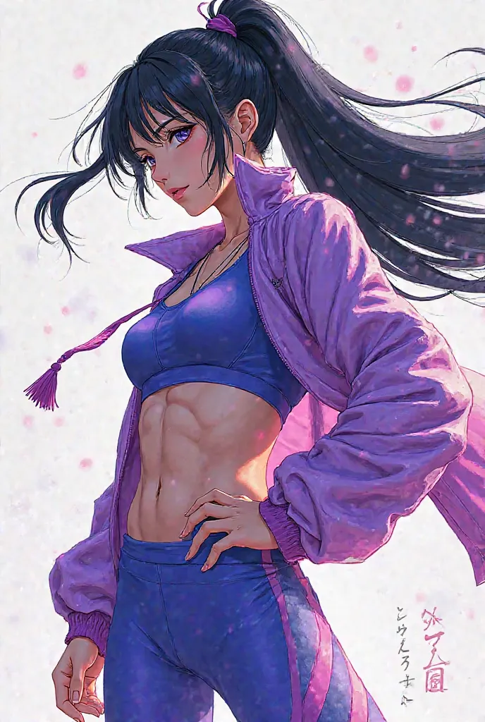 Create a Japanese character with long and straight black hair, using purple and blue sportswear 