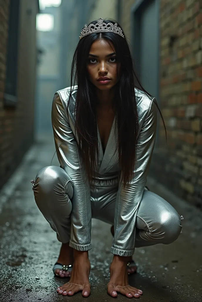 obra prima, melhor qualidade, ((2 tiny midget indian girls, anorexic, long straight hair, silver tiara, sweaty face,)) ((((in a dark alley, crouching kneeling, knees spread, shoulders tilted way back, arms above her head, mouth-open smile with teeth,)))) (...