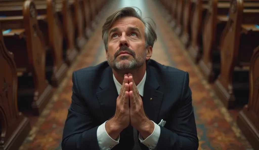 A well-dressed man, wearing a suit, 35 years old, some gray hair, affluent relatives. He is kneeling on a pew in a cathedral. He is kneeling with his hands clasped in prayer and looking up. The camera films his face from an angle from above, as if the view...