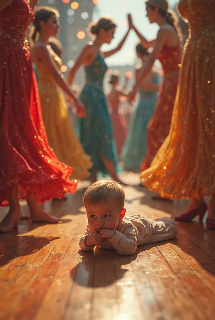 A boy who is 20 cm tall and  lies on the dance floor where women dance
