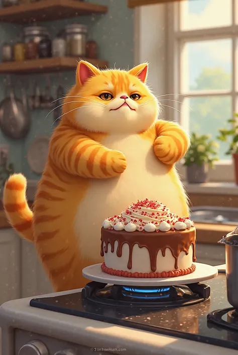 Yellow fat cat putting cake on the stove to bake