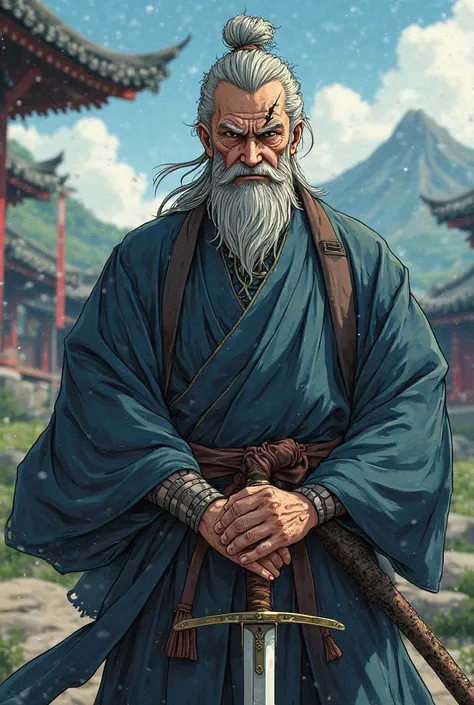 Anime an old man holding a sword and a scar in his eye 