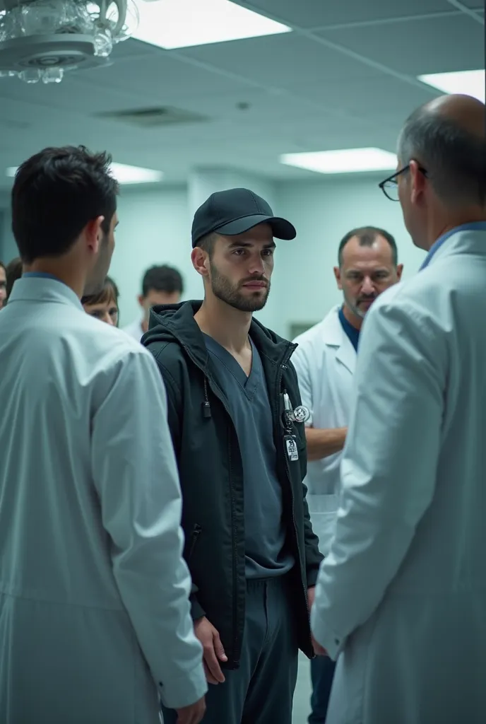 a young man in a black cap, with jacket,  in a hospital room, with several doctors around