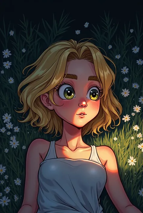 Create an intense, evocative portrait in the retro cartoon style of the 80s and 90s. The scene features a feale bathed in deep dark light. The background is stark, with soft summer grass and field flowers. Cute woman lie on her back, she has messy blonde h...