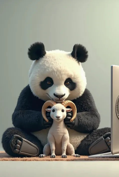 A panda with a RAM in his hand and with a computer on the side doing repair 