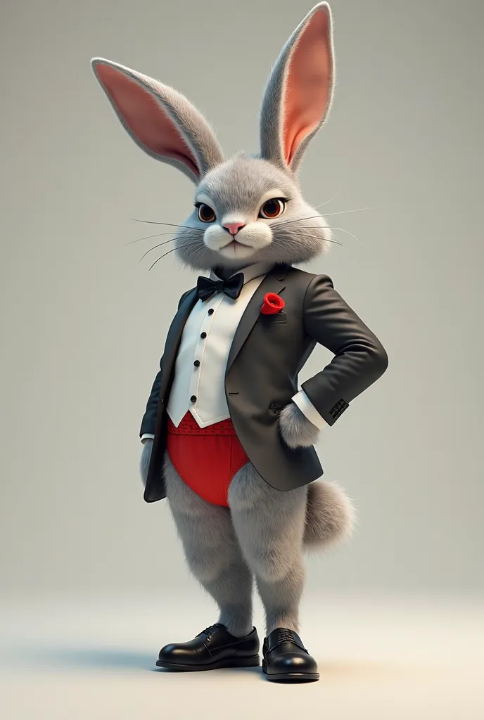 Create a bunny in a suit, and he's dressed in red g-string briefs. But bunny is rotated from his back