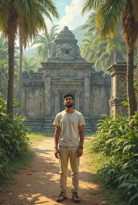 Envision a charming Sri Lankan new generation z man radiating warmth and tranquility. He sports light, set against a lush backdrop of palm trees and ancient ruins.